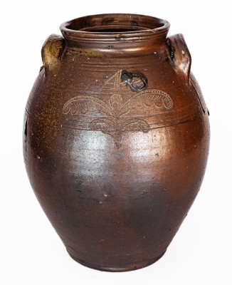 Rare Four-Gallon Chester Webster, Randolph Co, NC Stoneware Jar w/ Incised Bird and Dramatic Salt Glaze