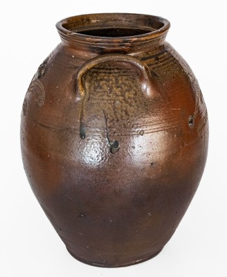 Rare Four-Gallon Chester Webster, Randolph Co, NC Stoneware Jar w/ Incised Bird and Dramatic Salt Glaze