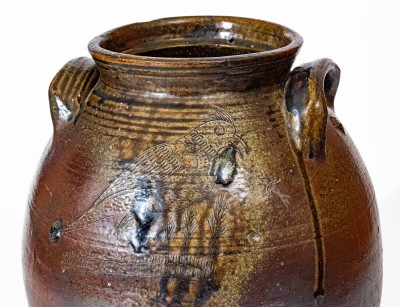 Rare Four-Gallon Chester Webster, Randolph Co, NC Stoneware Jar w/ Incised Bird and Dramatic Salt Glaze