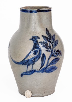 Exceedingly Rare and Important Henry Remmey (Baltimore) Stoneware Pitcher w/ Elaborate Incised Bird and Floral Decoration