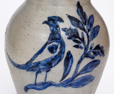 Exceedingly Rare and Important Henry Remmey (Baltimore) Stoneware Pitcher w/ Elaborate Incised Bird and Floral Decoration