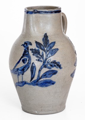 Exceedingly Rare and Important Henry Remmey (Baltimore) Stoneware Pitcher w/ Elaborate Incised Bird and Floral Decoration