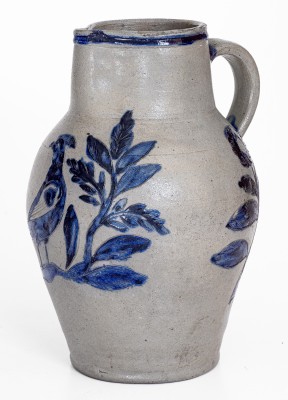 Exceedingly Rare and Important Henry Remmey (Baltimore) Stoneware Pitcher w/ Elaborate Incised Bird and Floral Decoration