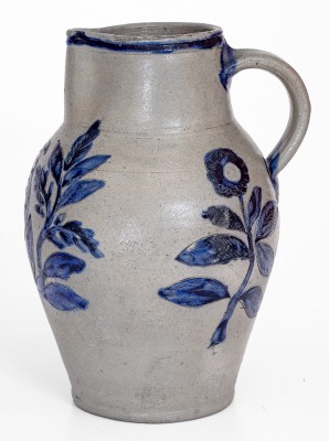 Exceedingly Rare and Important Henry Remmey (Baltimore) Stoneware Pitcher w/ Elaborate Incised Bird and Floral Decoration