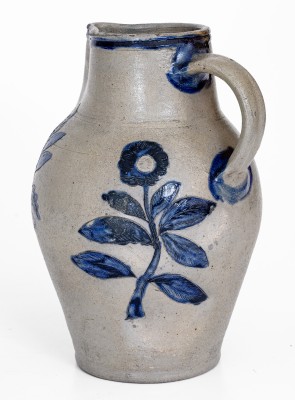 Exceedingly Rare and Important Henry Remmey (Baltimore) Stoneware Pitcher w/ Elaborate Incised Bird and Floral Decoration