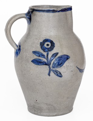 Exceedingly Rare and Important Henry Remmey (Baltimore) Stoneware Pitcher w/ Elaborate Incised Bird and Floral Decoration