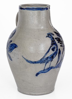 Exceedingly Rare and Important Henry Remmey (Baltimore) Stoneware Pitcher w/ Elaborate Incised Bird and Floral Decoration