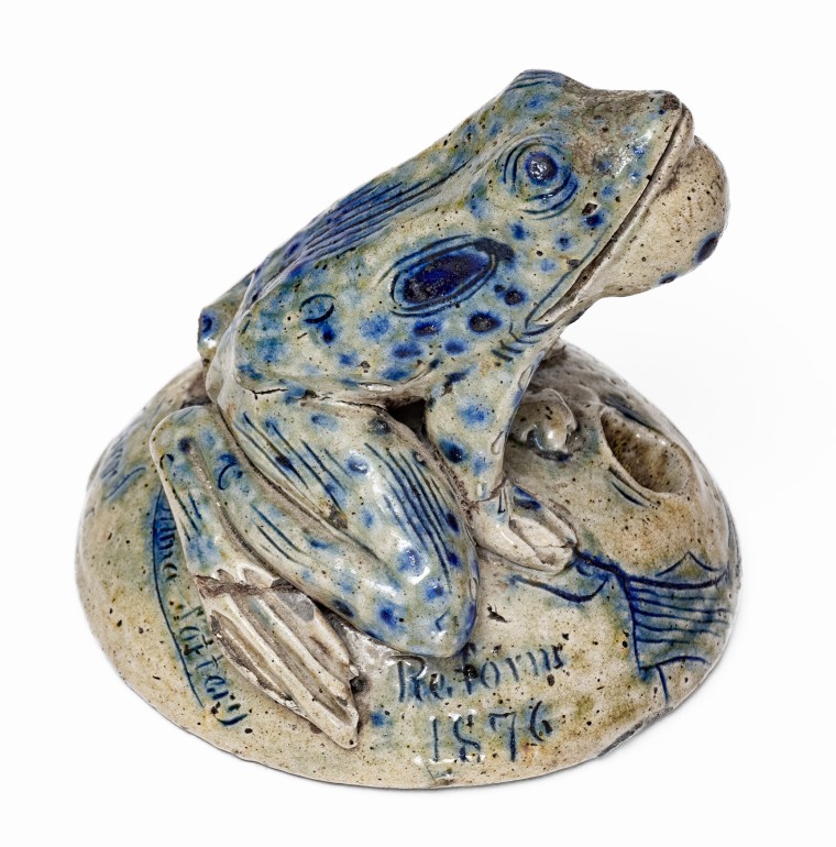 Exceptional Large Anna Pottery Frog-on-Face Inkwell w/ Political Messages, 1884