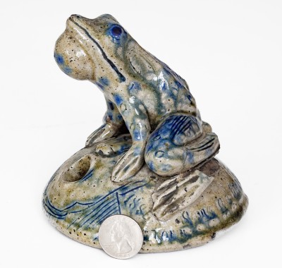 Exceptional Large Anna Pottery Frog-on-Face Inkwell w/ Political Messages, 1884