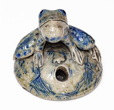 Exceptional Large Anna Pottery Frog-on-Face Inkwell w/ Political Messages, 1884