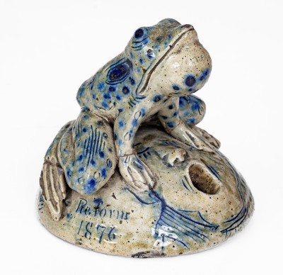 Exceptional Large Anna Pottery Frog-on-Face Inkwell w/ Political Messages, 1884