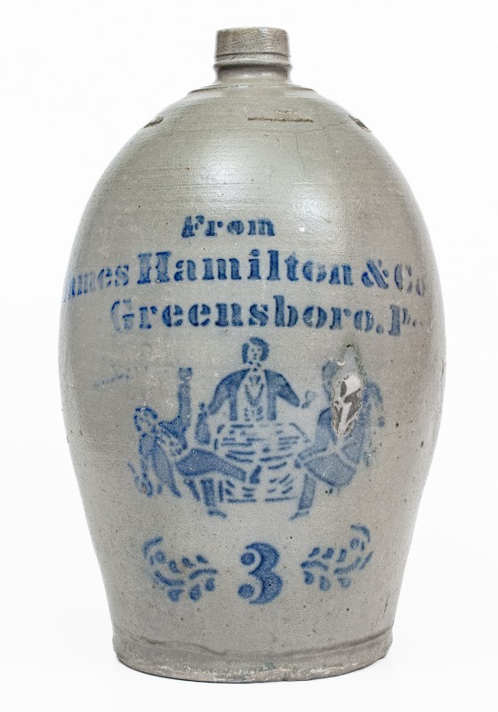 Very Rare James Hamilton & Co. / Greensboro, Pa. Stoneware Jug with Elaborate Stenciled Tavern Scene