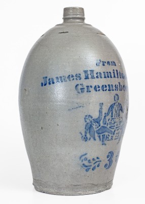 Very Rare James Hamilton & Co. / Greensboro, Pa. Stoneware Jug with Elaborate Stenciled Tavern Scene