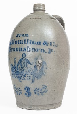 Very Rare James Hamilton & Co. / Greensboro, Pa. Stoneware Jug with Elaborate Stenciled Tavern Scene