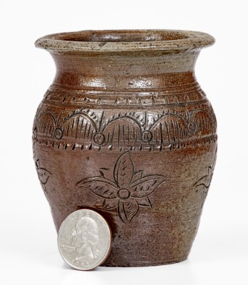 Very Fine Miniature Chester Webster, Randolph County, NC Stoneware Jar w/ Elaborate Incised Decoration