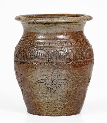 Very Fine Miniature Chester Webster, Randolph County, NC Stoneware Jar w/ Elaborate Incised Decoration