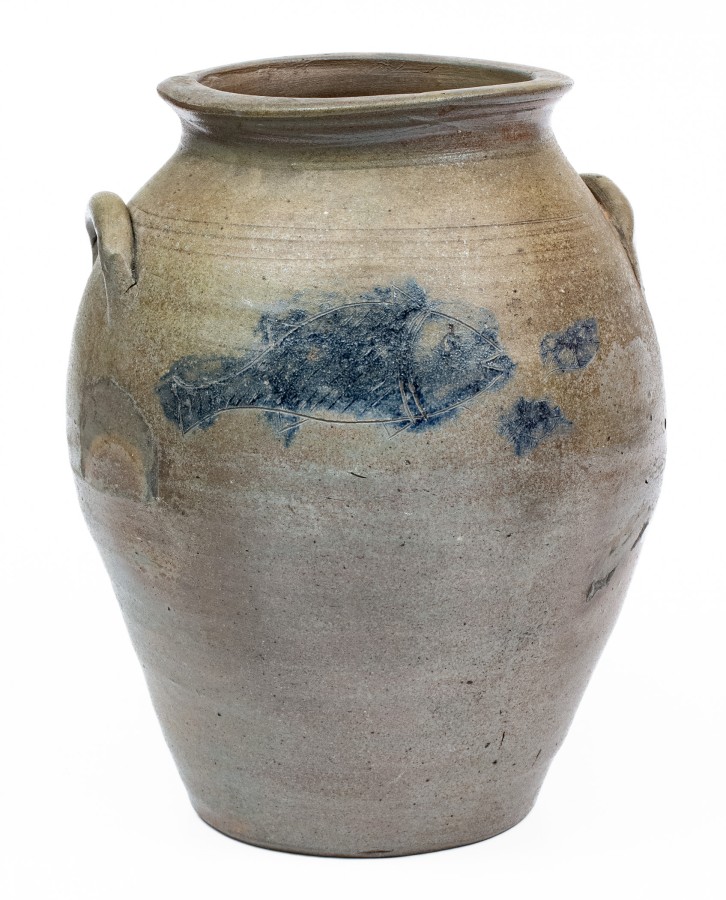 Extremely Rare and Important James River, VA Stoneware Jar with Incised Fish and Minnows Decoration