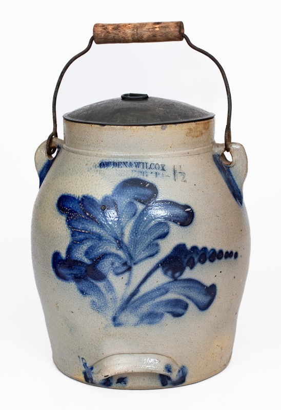 1 1/2 Gal. COWDEN & WILCOX / HARRISBURG, PA Stoneware Batter Pail with Leaf and Floral Decoration