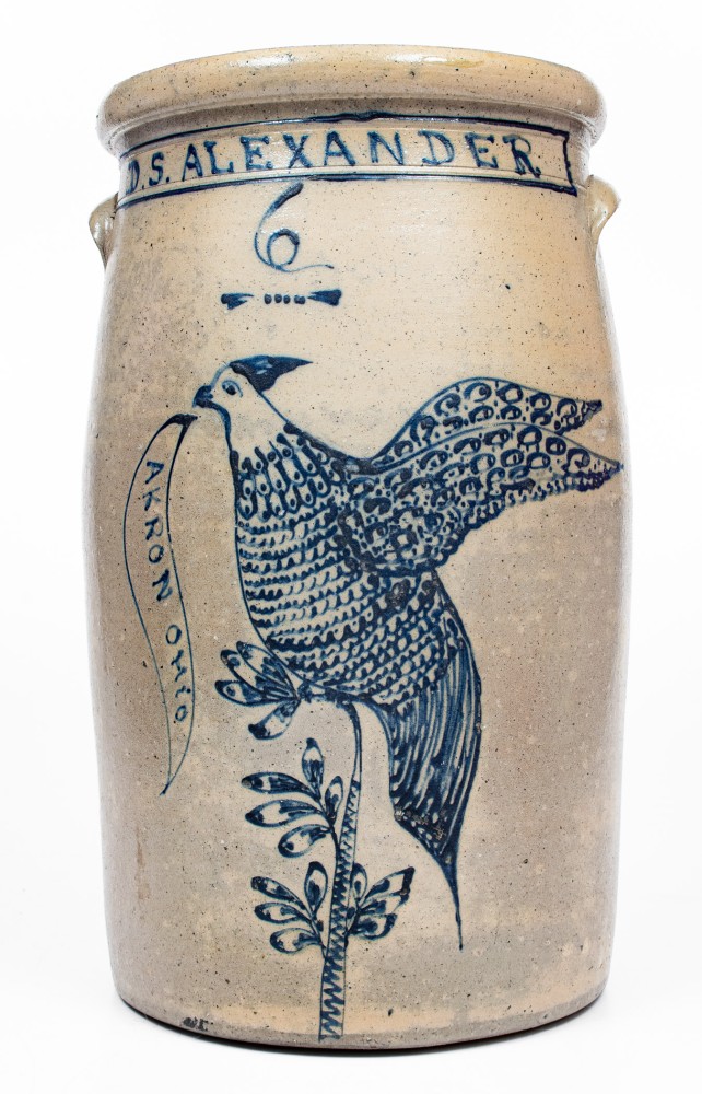 Exceptional 6 Gal. Akron, OH Stoneware Churn with Elaborate Game Bird Decoration