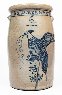 Exceptional 6 Gal. Akron, OH Stoneware Churn with Elaborate Game Bird Decoration