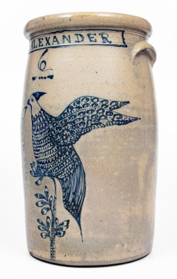 Exceptional 6 Gal. Akron, OH Stoneware Churn with Elaborate Game Bird Decoration