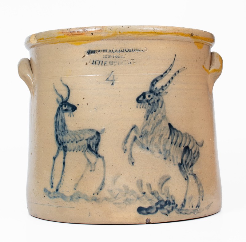 Exceptional 4 Gal. W. A. MACQUOID (New York City) Stoneware Crock with Elaborate Goats Decoration