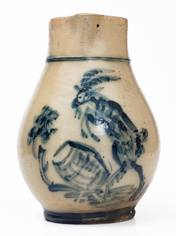 Extremely Rare 1 Gal. Stoneware Pitcher with Elaborate Goat and Barrel Decoration att. W. A. MACQUOID (New York City)