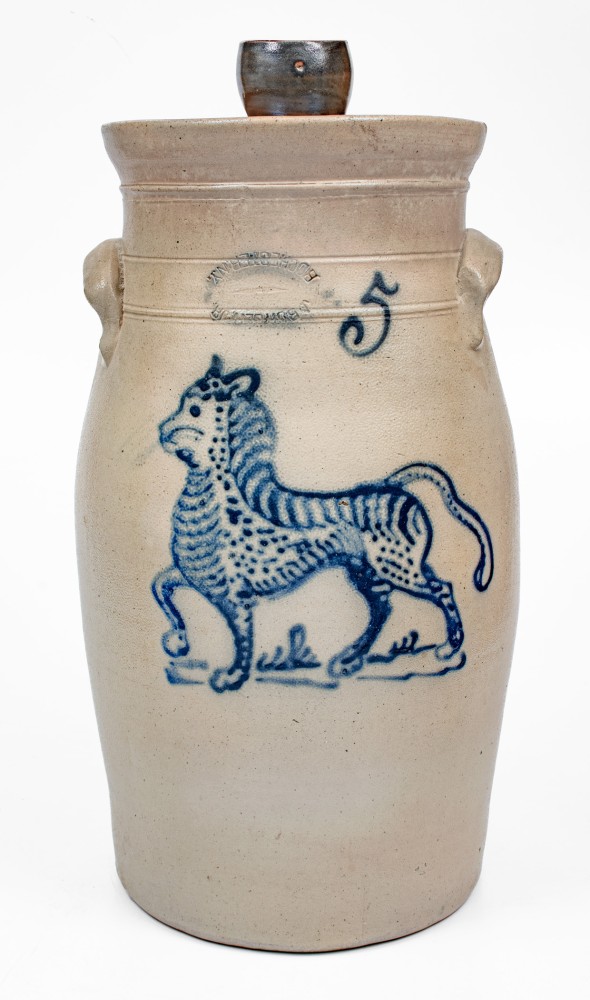 Exceptional 5 Gal. J. BURGER JR. / ROCHESTER Stoneware Churn with Elaborate Cat Decoration