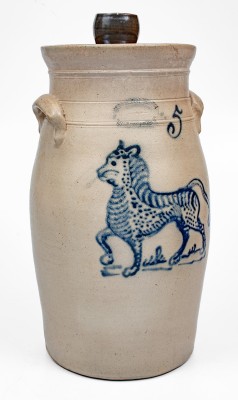 Exceptional 5 Gal. J. BURGER JR. / ROCHESTER Stoneware Churn with Elaborate Cat Decoration