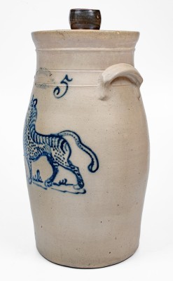 Exceptional 5 Gal. J. BURGER JR. / ROCHESTER Stoneware Churn with Elaborate Cat Decoration