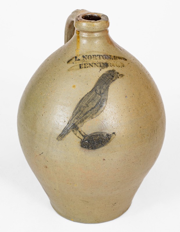 Rare L. NORTON & Co / BENNINGTON Stoneware Jug w/ Incised Bird