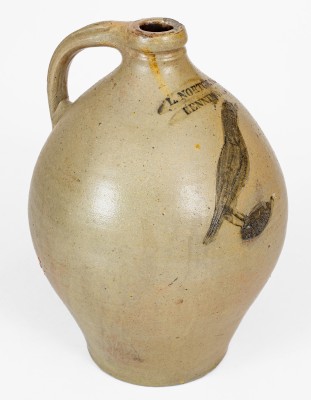 Rare L. NORTON & Co / BENNINGTON Stoneware Jug w/ Incised Bird