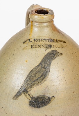 Rare L. NORTON & Co / BENNINGTON Stoneware Jug w/ Incised Bird