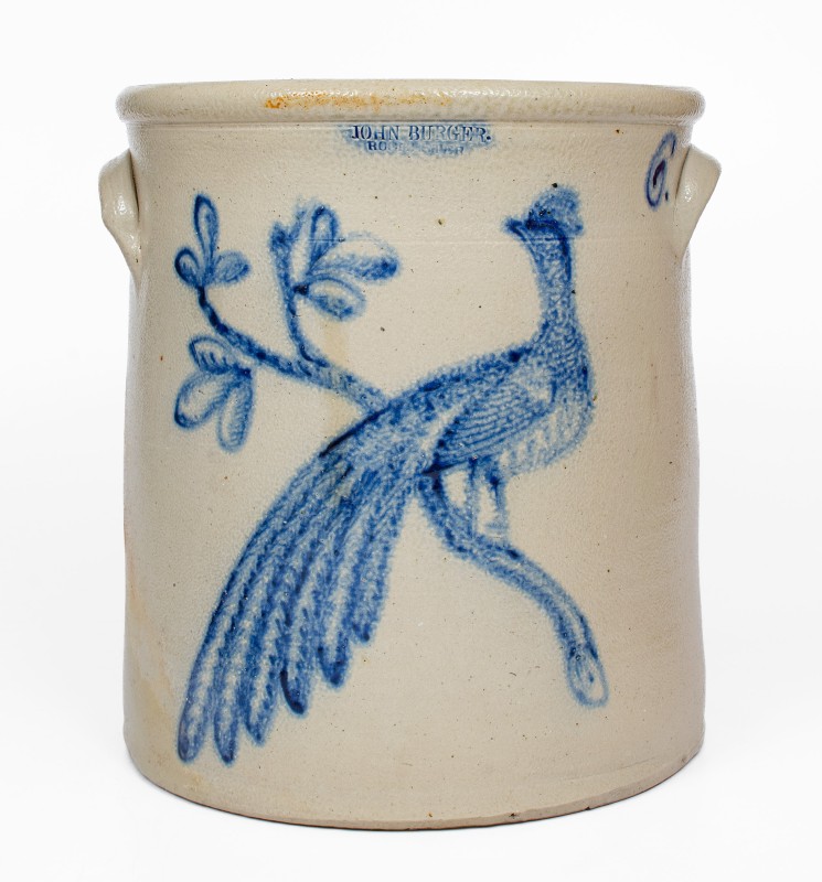 6 Gal. JOHN BURGER / ROCHESTER Stoneware Crock with Elaborate Pheasant Decoration