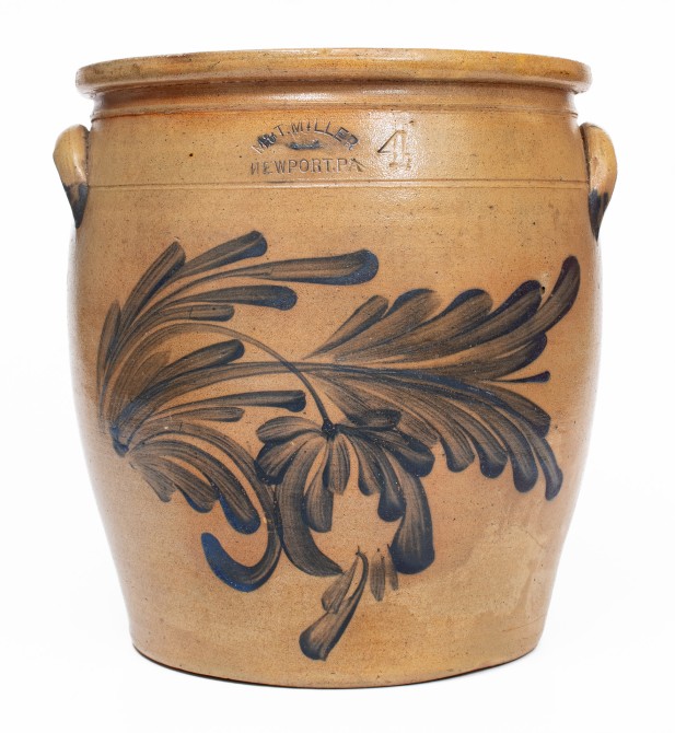 4 Gal. M. & T. MILLER / NEWPORT, PA Stoneware Jar with Floral Decoration - RESERVE: $3,000