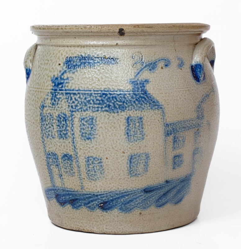 COWDEN & WILCOX / HARRISBURG, PA 2 Gal. Stoneware Jar with Elaborate House Decoration