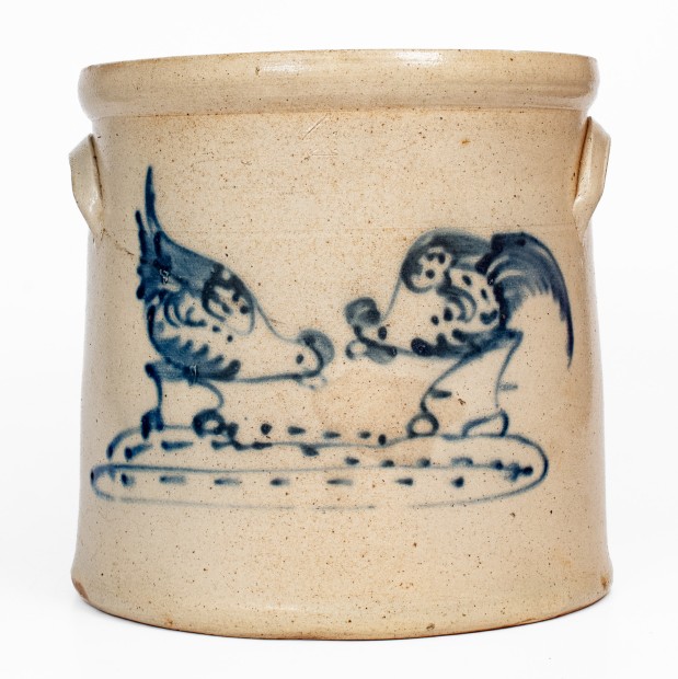 Unusual 4 Gal. Stoneware Crock with Pecking Chicken and Rooster Decoration