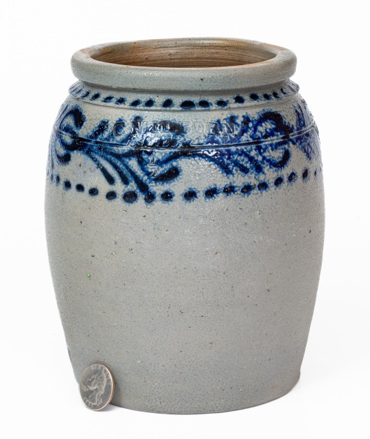 Scarce and Fine Half-Gallon Stoneware Jar with Slip-Trailed Cobalt Floral Decoration, Stamped 