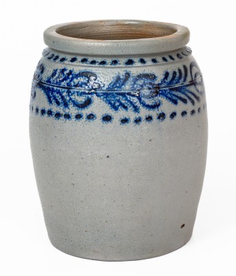 Scarce and Fine Half-Gallon Stoneware Jar with Slip-Trailed Cobalt Floral Decoration, Stamped 