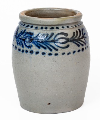 Scarce and Fine Half-Gallon Stoneware Jar with Slip-Trailed Cobalt Floral Decoration, Stamped 