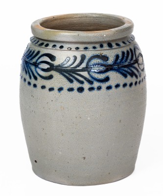 Scarce and Fine Half-Gallon Stoneware Jar with Slip-Trailed Cobalt Floral Decoration, Stamped 