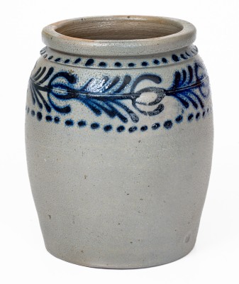 Scarce and Fine Half-Gallon Stoneware Jar with Slip-Trailed Cobalt Floral Decoration, Stamped 