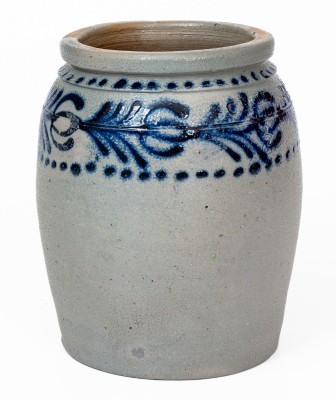 Scarce and Fine Half-Gallon Stoneware Jar with Slip-Trailed Cobalt Floral Decoration, Stamped 