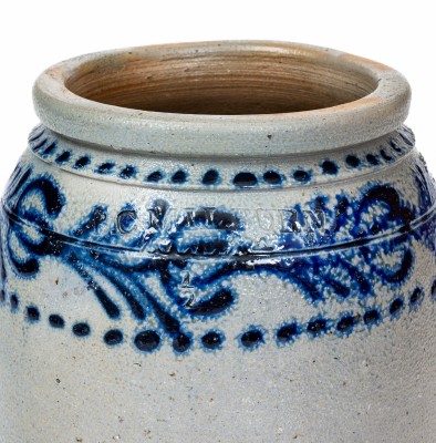 Scarce and Fine Half-Gallon Stoneware Jar with Slip-Trailed Cobalt Floral Decoration, Stamped 