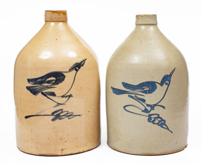 Lot of Two: Stoneware Jugs w/ Bird Decoration attrib. Fulper, Flemington, NJ