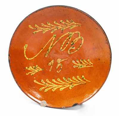 Rare and Fine Redware Charger w/ Copper Slip Decoration, Norwalk, CT or Poughkeepsie, NY