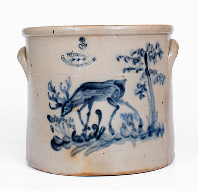 Scarce and Fine POTTERY WORKS / LITTLE W 12TH ST N.Y. (Wm. MacQuoid) Crock w/ Elaborate Deer