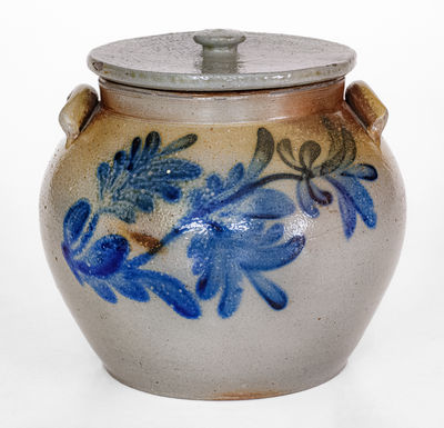 Exceptional Rockingham County, VA Stoneware Lidded Peach Preserve Jar, att. Coffman Family