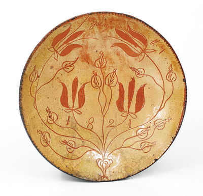 Rare Sgraffito Redware Plate Dated July the 9 1821, Southeastern Pennsylvania