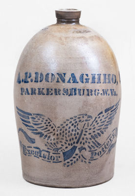 2 Gal. A. P. DONAGHHO / PARKERSBURG, W. VA Stoneware Stenciled Eagle Jug